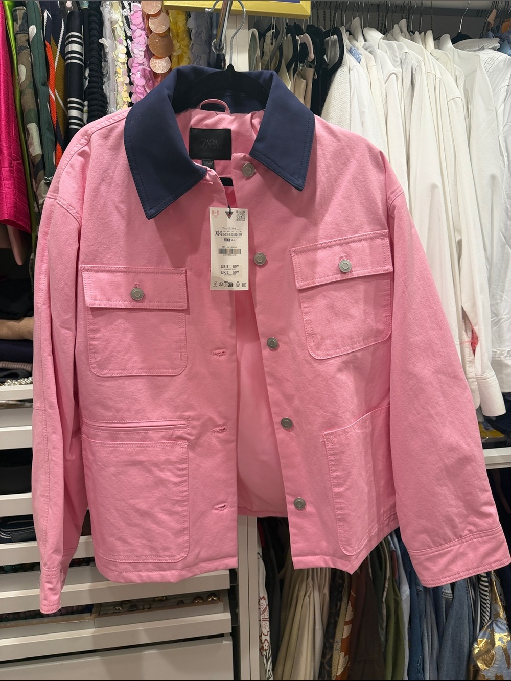 Zara Women’s Pink Barn Jacket with Navy Collar